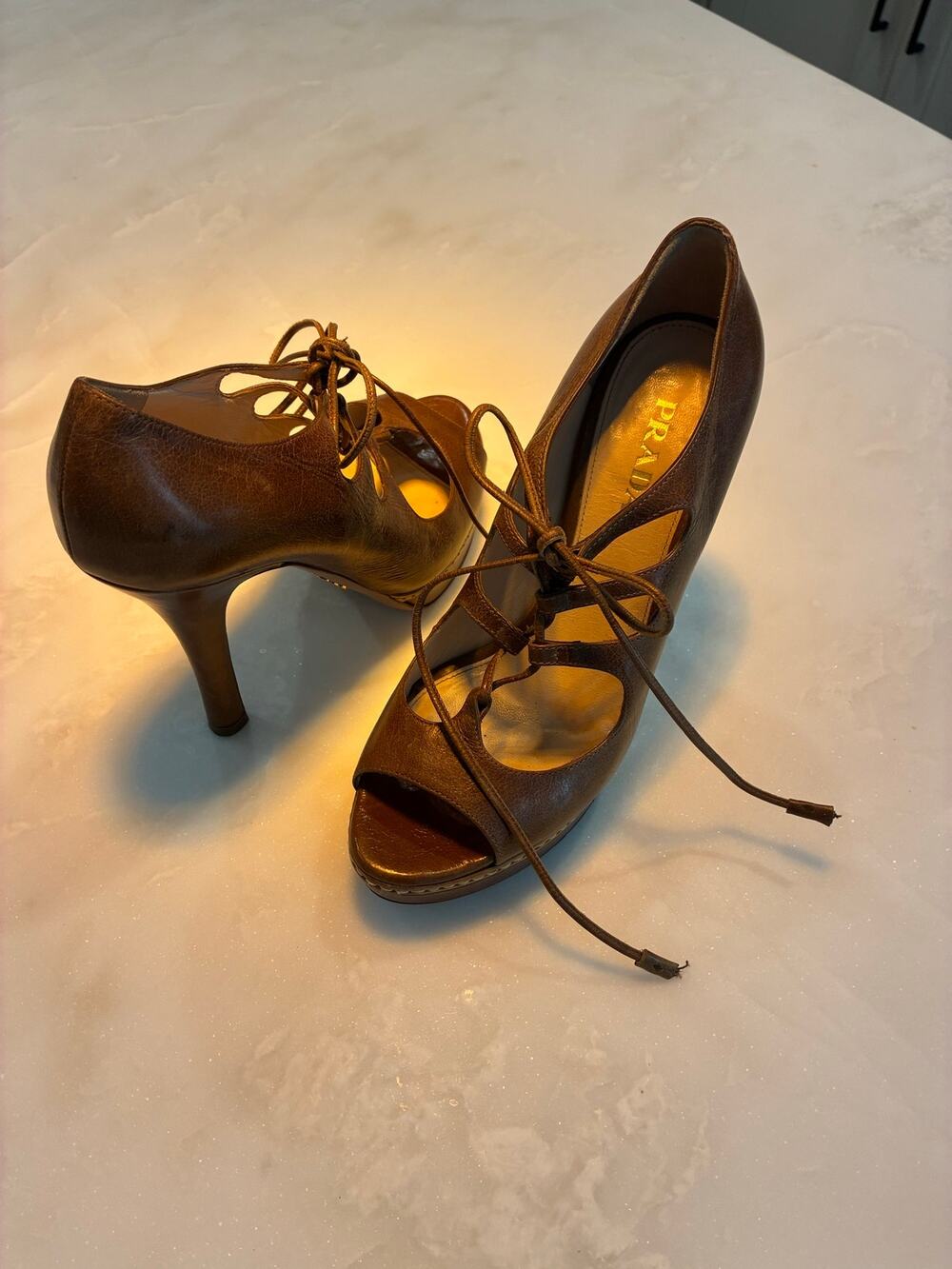 Vintage Prada Brown Corset Heels Cutout Leather 38.5 Italy